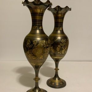 Vintage-Beautiful Fluted Solid Brass Vases (2) From India